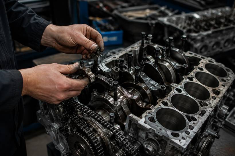 Motorinstandsetzung bei Auto Vögerl – Arbeiten am zerlegten Motorblock in der Werkstatt